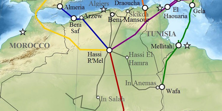 Rutas de los gasoductos que parten desde Argelia.