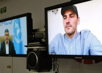 Zurab Pololikashvili e Iker Casillas, ayer, durante la videoconferencia./ Foto: OMT