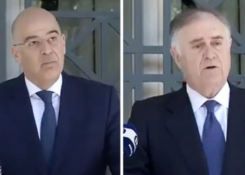 El ministro griego de Asuntos Exteriores, Nikos Dendias, y el embajador de España Enrique Viguera, durante sus intervenciones./ Imágenes: Ministerio de Asuntos Exteriores de Grecia