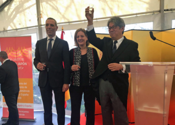 El embajador Masashi Mizukami brinda junto a la directora general para Asia y Pacífico, Ana María Salomón, y el cónsul honorario de Japón en Sevilla, José Japón Sevilla./ Fotos: Embajada de Japón
