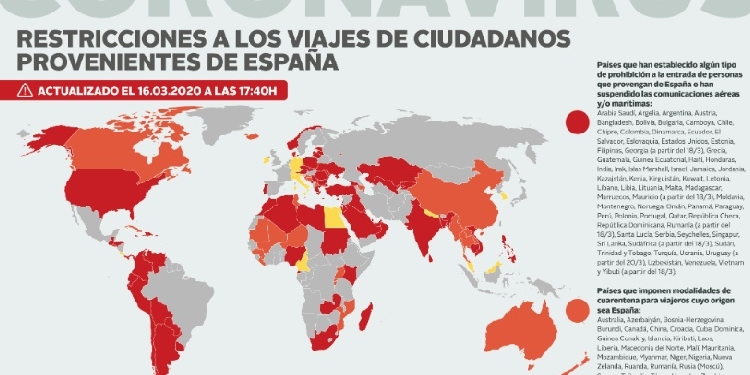 El 56% de los países del mundo restringen la entrada desde España por el COVID-19