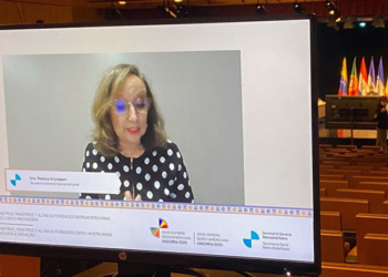 La secretaria general iberoamericana, durante la reunión.