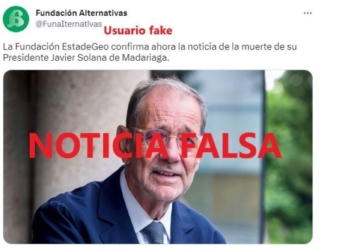 Una cuenta falsa difunde, en nombre de Alternativas, un bulo sobre la muerte de Javier Solana