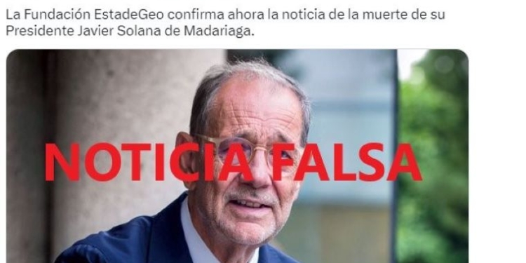 Una cuenta falsa difunde, en nombre de Alternativas, un bulo sobre la muerte de Javier Solana
