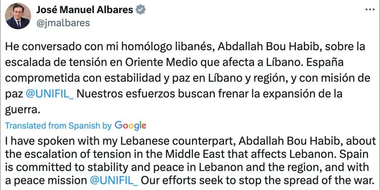 Albares habla con su colega libanés para «frenar la expansión de la guerra»