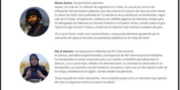RSF España premia a los periodistas palestinos de Gaza por su labor informativa en “el contexto más mortífero”