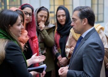 Fifty Afghan women gather at the Foreign Ministry headquarters in Madrid to discuss accountability