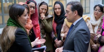 Fifty Afghan women gather at the Foreign Ministry headquarters in Madrid to discuss accountability