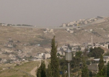 Vista del muro en Cisjordania con paisaje árido y edificaciones