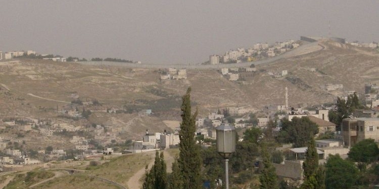 Vista del muro en Cisjordania con paisaje árido y edificaciones