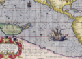 Mapa antiguo del Pacífico con barcos y anotaciones