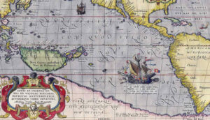Mapa antiguo del Pacífico con barcos y anotaciones