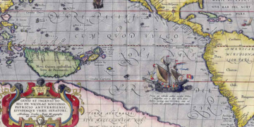 Mapa antiguo del Pacífico con barcos y anotaciones