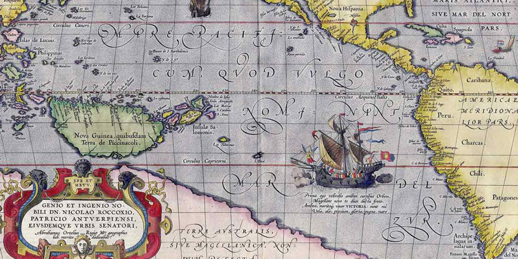 Mapa antiguo del Pacífico con barcos y anotaciones