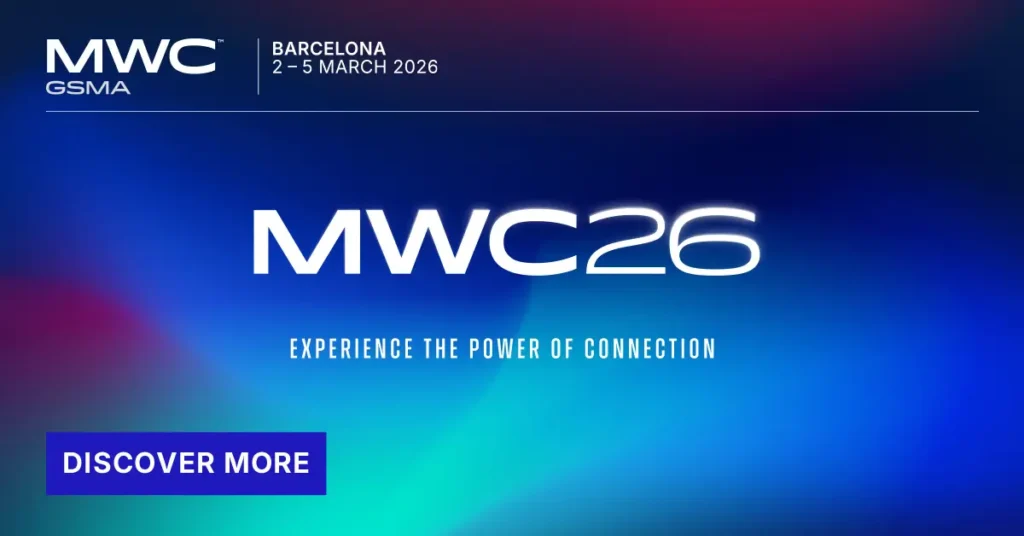 Banner del MWC 2026 en Barcelona con enfoque en tecnología y conexión.