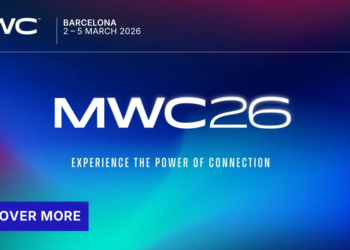 Banner del MWC 2026 en Barcelona con enfoque en tecnología y conexión.