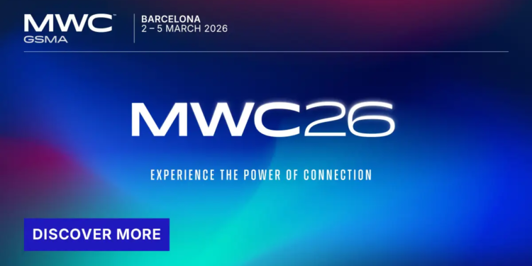 Banner del MWC 2026 en Barcelona con enfoque en tecnología y conexión.