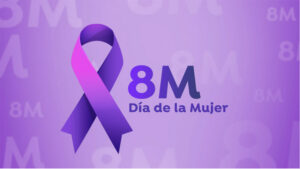 Logo del Día Internacional de la Mujer con un lazo morado y texto 8M