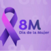 Logo del Día Internacional de la Mujer con un lazo morado y texto 8M