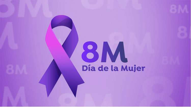 Logo del Día Internacional de la Mujer con un lazo morado y texto 8M