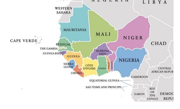 Mapa de África Occidental mostrando países y sus fronteras