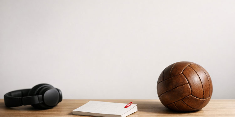 Pelota de fútbol y auriculares sobre una mesa de madera