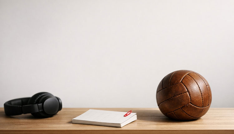 Pelota de fútbol y auriculares sobre una mesa de madera
