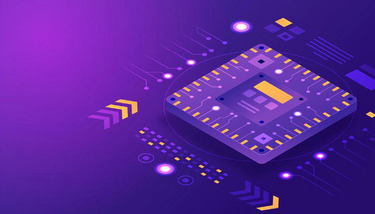 Ilustración de un chip de computadora sobre fondo morado