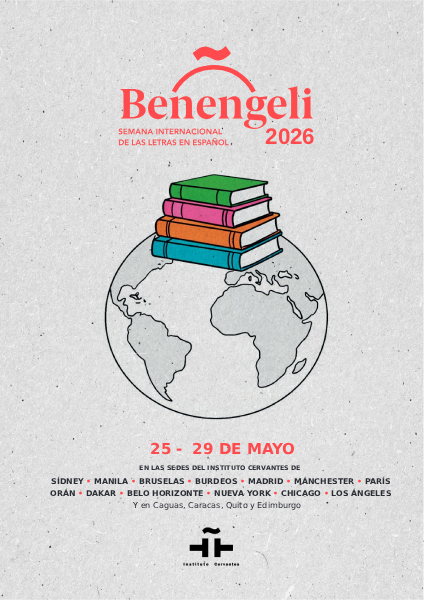 Cartel del festival literario Benengeli 2026 con libros y un mapa del mundo.