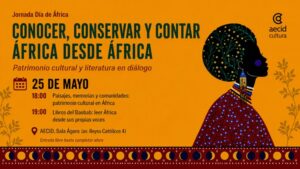 Cartel del evento sobre patrimonio cultural y literatura africana.