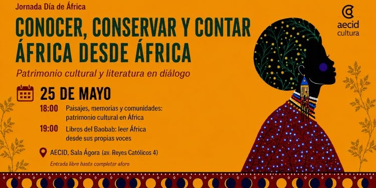 Cartel del evento sobre patrimonio cultural y literatura africana.