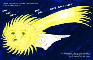 Ilustración colorida de un cometa con un rostro humano y fondo oscuro