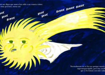 Ilustración colorida de un cometa con un rostro humano y fondo oscuro