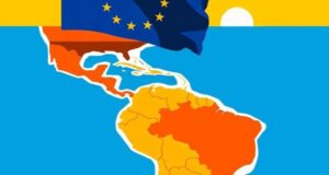Mapa de América Latina con la bandera de la Unión Europea
