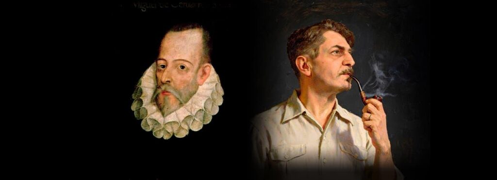 Retratos de Miguel de Cervantes y Gilberto Freyre en un seminario