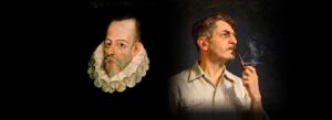 Retratos de Miguel de Cervantes y Gilberto Freyre en un seminario