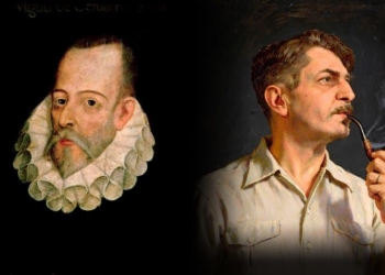 Retratos de Miguel de Cervantes y Gilberto Freyre en un seminario