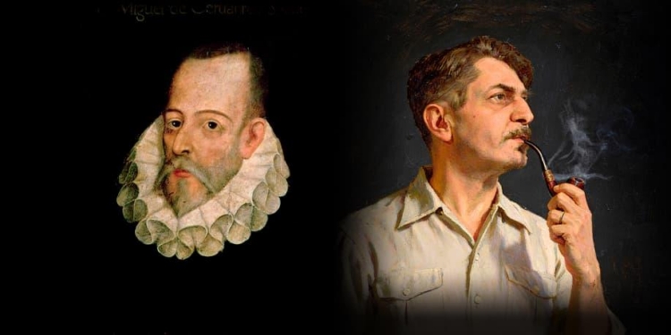 Retratos de Miguel de Cervantes y Gilberto Freyre en un seminario