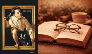 Portada del libro Anime de Roy Chen junto a un libro abierto y gafas