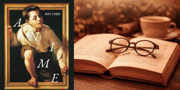 Portada del libro Anime de Roy Chen junto a un libro abierto y gafas