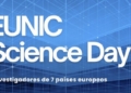 Logo del EUNIC Science Day con fondo azul y texto destacado.