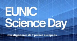 Logo del EUNIC Science Day con fondo azul y texto destacado.