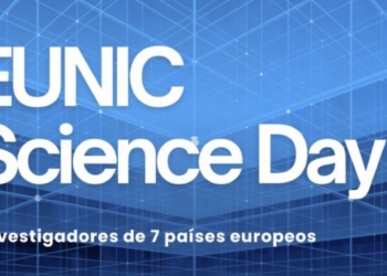 Logo del EUNIC Science Day con fondo azul y texto destacado.