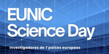 Logo del EUNIC Science Day con fondo azul y texto destacado.
