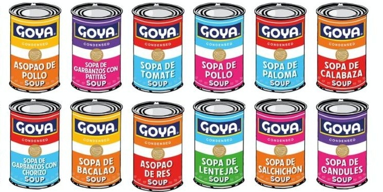 Latas de sopa Goya con diferentes sabores y colores.