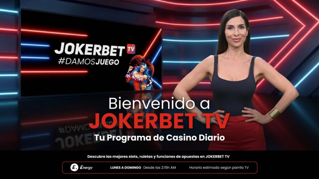 Presentadora de Jokerbet TV en un set moderno y colorido.