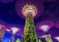 Vista nocturna de estructuras futuristas iluminadas con vegetación.