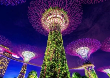 Vista nocturna de estructuras futuristas iluminadas con vegetación.