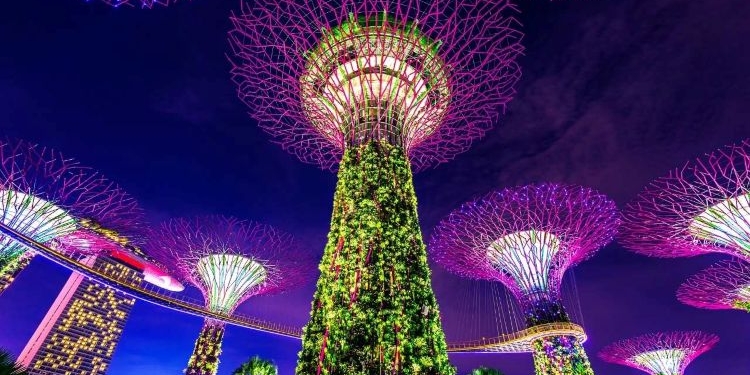 Vista nocturna de estructuras futuristas iluminadas con vegetación.