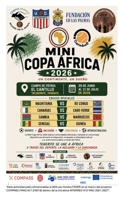 Cartel del evento Mini Copa África 2026 en Tenerife con detalles del torneo.